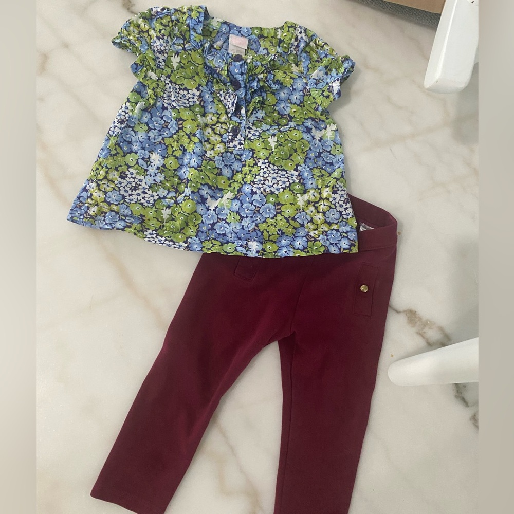 Janie and Jack floral cap sleeve blouse with maroon leggings